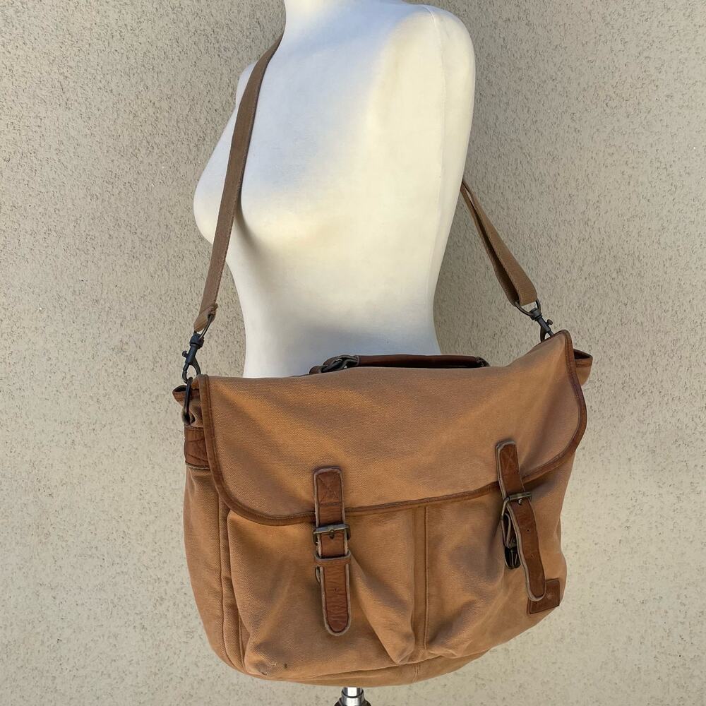 Vintage Y2K Gap Cotton Canvas & Leather Messenger Bag Brown Tan